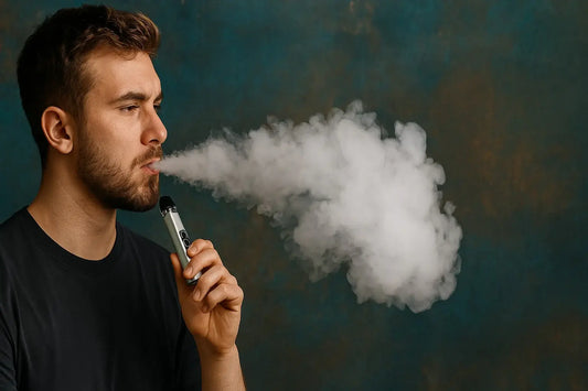 Man vaping with a Vaporesso XROS 4 pod, exhaling a large cloud of vapour against a dark textured background.