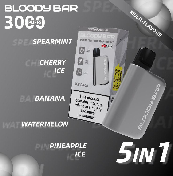 5 in 1 Bloody Bar 3000 Puffs Prefilled Pod  Box of 5