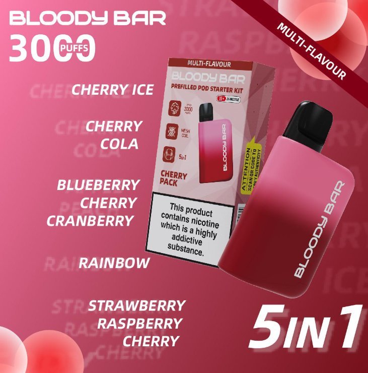 5 in 1 Bloody Bar 3000 Puffs Prefilled Pod  Box of 5