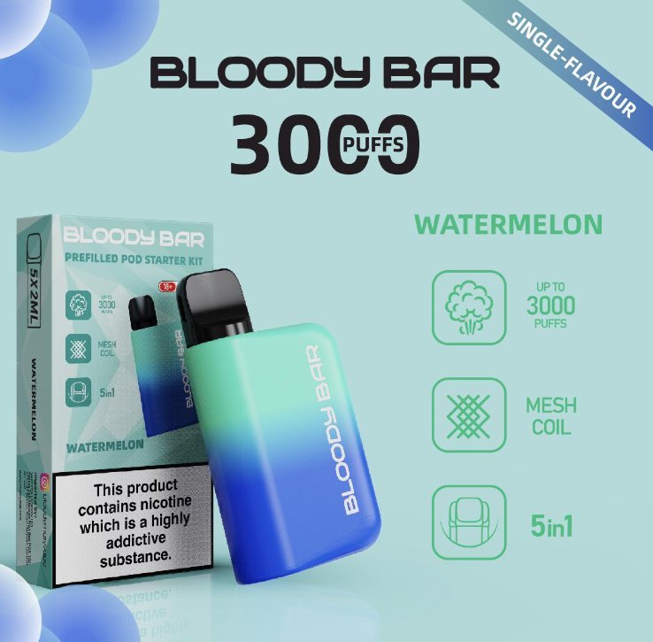 5 in 1 Bloody Bar 3000 Puffs Prefilled Pod  Box of 5