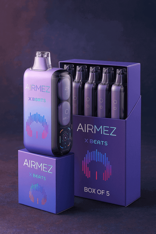 A vibrant purple box labeled "AİRMEZ X BEATS 40000 puffs disposable vape" holds five sleek disposable vapes, one displayed separately. Each vape has two earbuds  and a modern design against a unique, colorful background.
