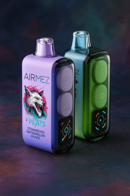 Two AİRMEZ x BEATS 40000 puffs disposable vapes stand side by side on a vibrant, multicolored background. One is purple with a fierce wolf graphic, the other is green, both featuring glowing LED displays.