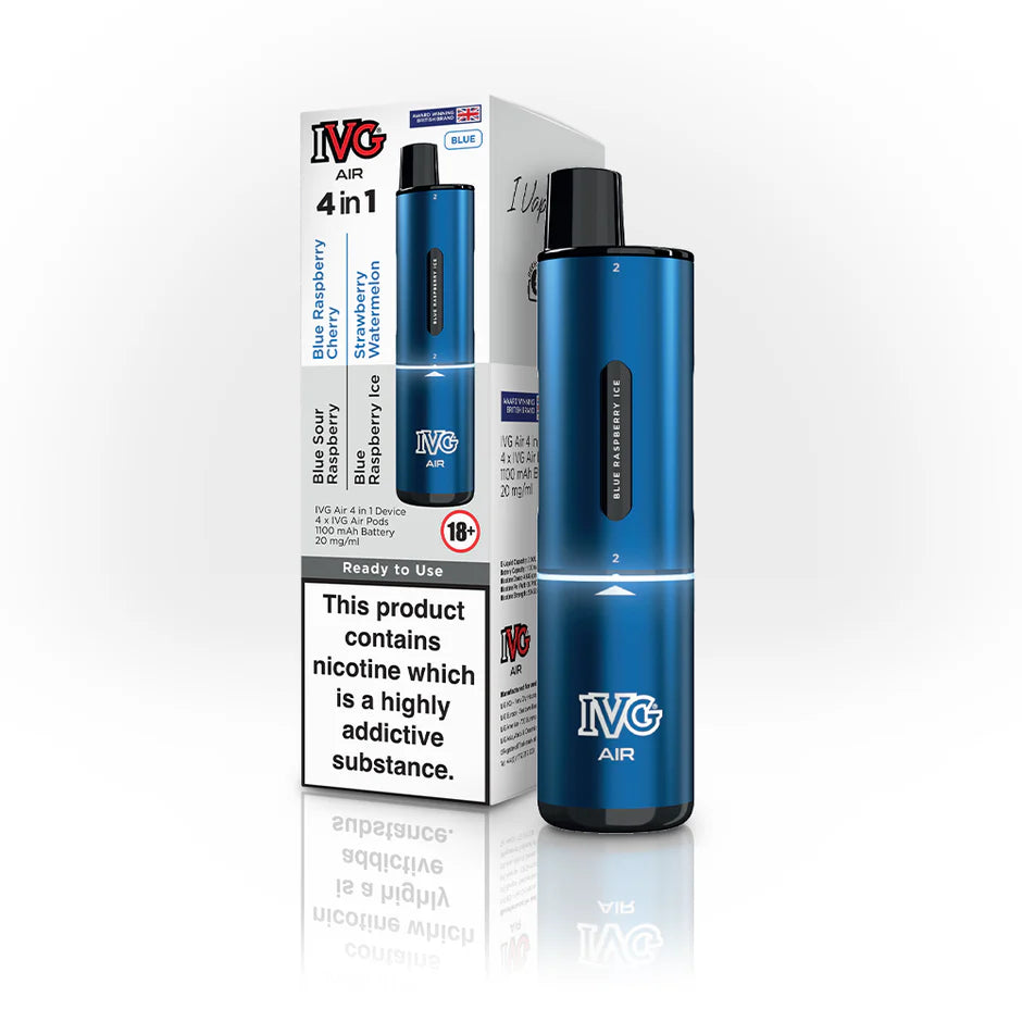 IVG Air 4-in-1 Blue Edition disposable vape in metallic blue colour with four flavours