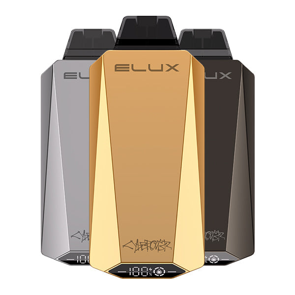 Three ELUX Cyberover 15000 puffs disposable vapes in silver, gold, and black colors. 