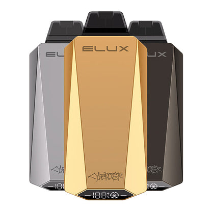 Three ELUX Cyberover 15000 puffs disposable vapes in silver, gold, and black colors. 