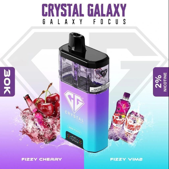 A disposable Crystal Galaxy vape with a gradient purple-blue finish, a black mouthpiece, 30K puffs,  nicotine, and Fizzy Cherry and Fizzy Vim2 flavour