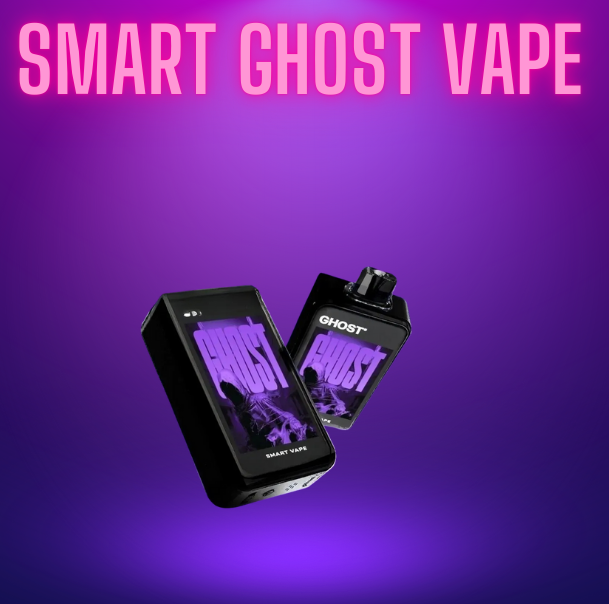 Two Ghost Smart Vape devices displayed against a purple gradient background with "SMART GHOST VAPE" written in bold pink text at the top. The devices have a sleek black design with a digital screen and purple branding.