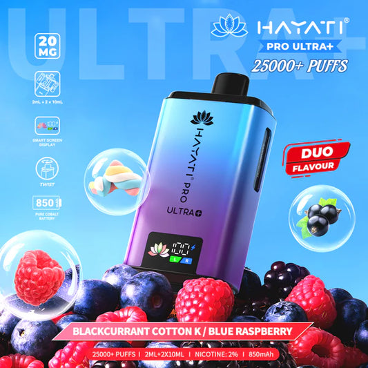 Hayati Pro Ultra featuring a fruit-themed background, with Blackcurrant Cotton K/Blue Raspberry flavor.
