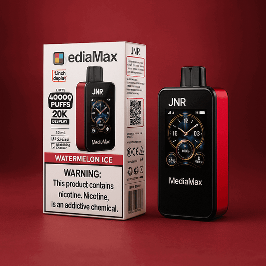 A red and black JNR MediaMax 40000 puffs Disposable vape device stands beside its matching box packaging. The background is a deep red gradient.