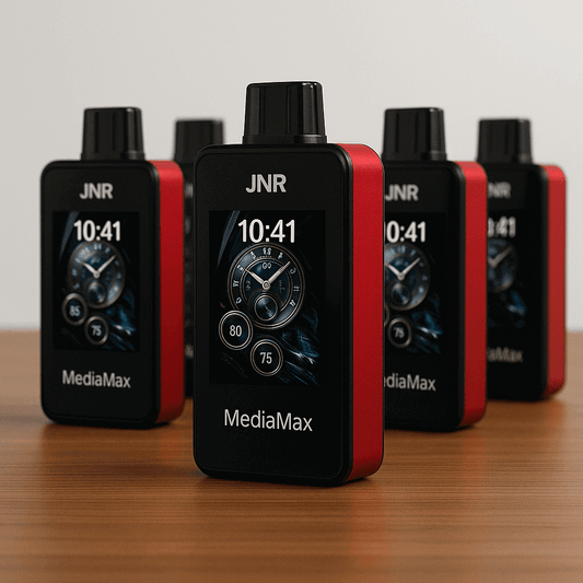 Five red and black JNR MediaMax 40000 puffs disposable vape devices with smart display screens The devices stand upright on a smooth surface against a soft, light grey background.