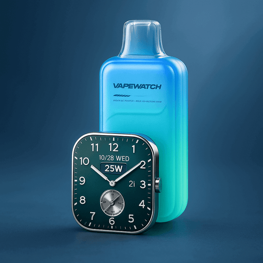 A blue JNR VAPEWATCH 30000 puffs Disposable Vape is placed behind a smart watch with a green face showing “25W” and the date. The background is smooth and blue, giving a clean and modern look.