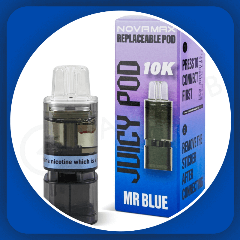 Juicy Pod vape with 10k puff, device, and packaging along with 'MR BLUE' label on a blue border