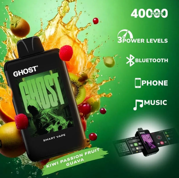 Ghost Smart Vape 40000 Puffs Disposable Vape UK, with  Green colour and having Kiwi Passion Guava Flavour.