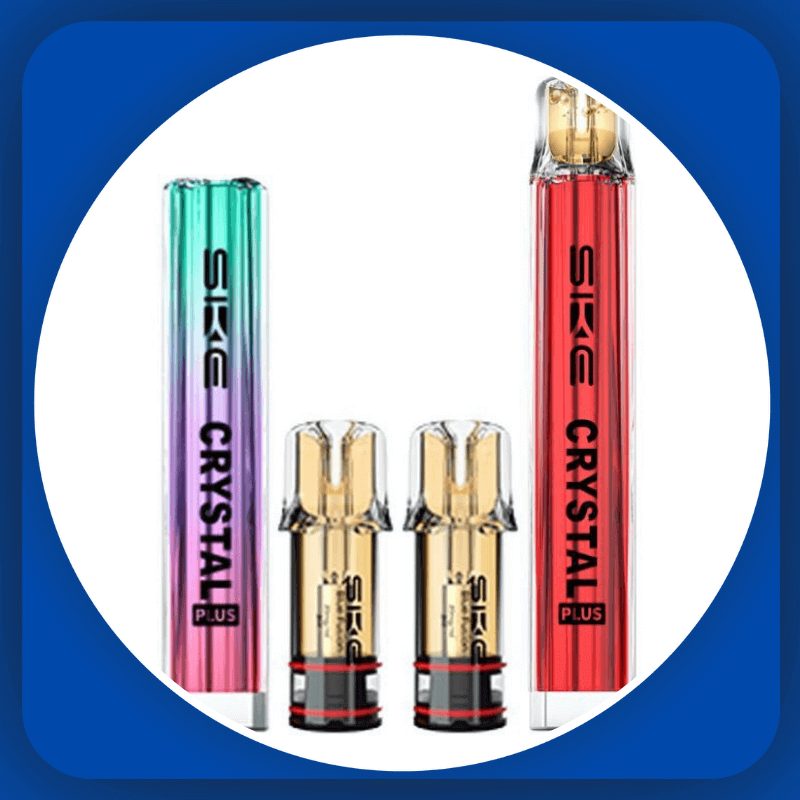 Ske Crystal Plus vape devices with colorful bodies and clear pods on a white background.