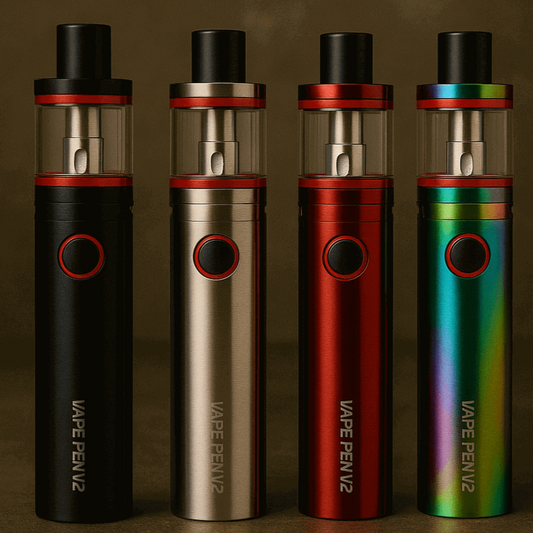 Four Smok Vape Pen V2 electronic cigarettes displayed upright on a dark green textured surface with a soft, earthy-toned background. The devices are black, silver, red, and a green-to-purple gradient, each featuring red accents and transparent tanks.