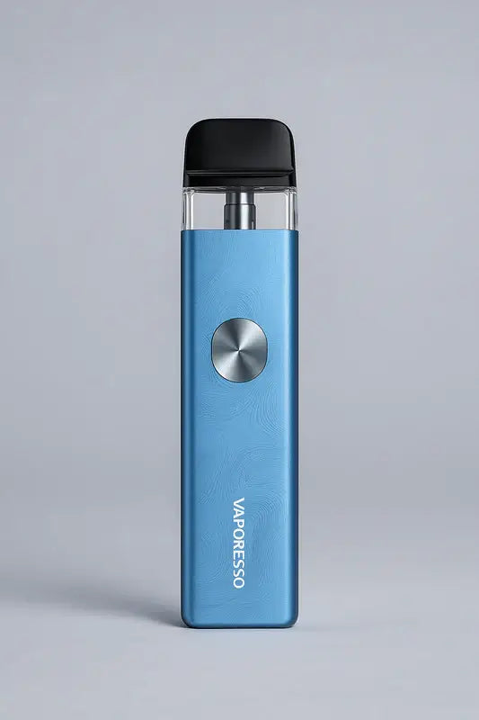 Vaporesso XROS 4 Mini Pod Vape Kit in blue with sleek buttonless design, transparent pod, and brushed metal finish on a clean background.