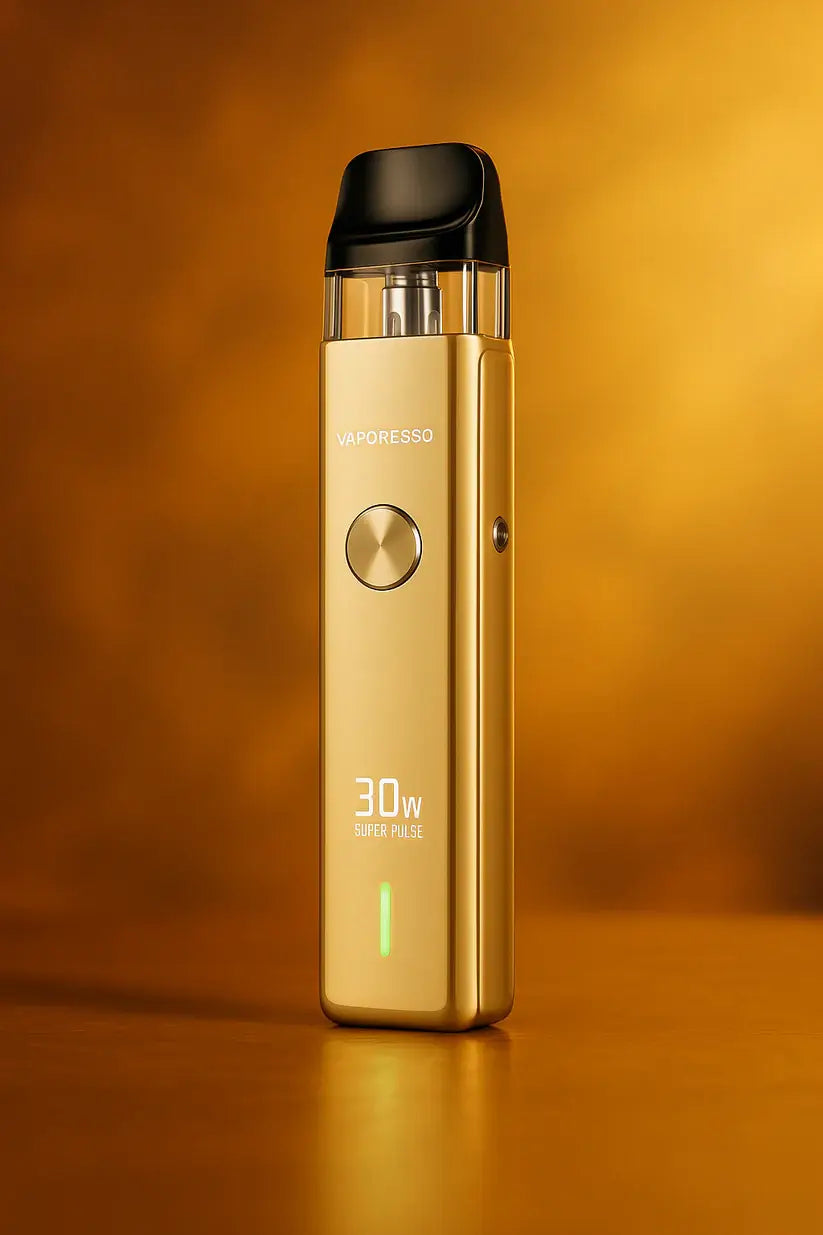 Vaporesso Xros Pro Pod 30W Vape Kit in gold, displayed against a modern, sleek background that complements its stylish design. The vape device features a clear pod, digital display, and metallic finish, highlighting its premium build and user-friendly interface.