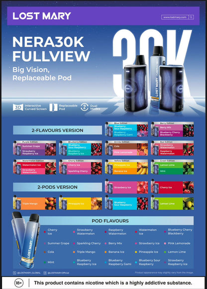  Lost Mary Nera 30k Fullview refilled pod kit (Box of 10) Random Mix Flavours.