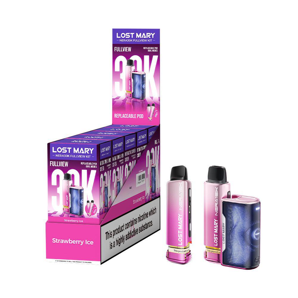 Lost Mary Nera 30k Fullview refilled pod kit UK , with Pink Colour and Triple Strawberry Ice Flavours.