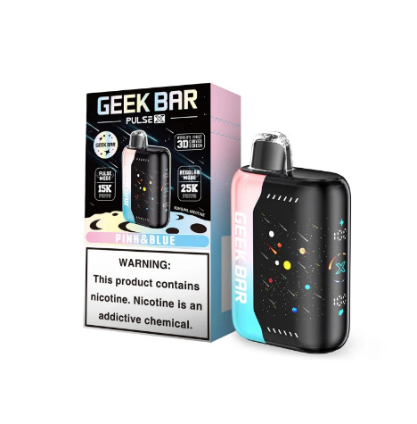 A pink and blue Geek Bar Pulse X disposable vape is shown next to its packaging. The packaging is a box with matching pink and blue accents and features the "GEEK BAR PULSE X" logo prominently. The vape itself is black with a clear mouthpiece and has a digital screen displaying information