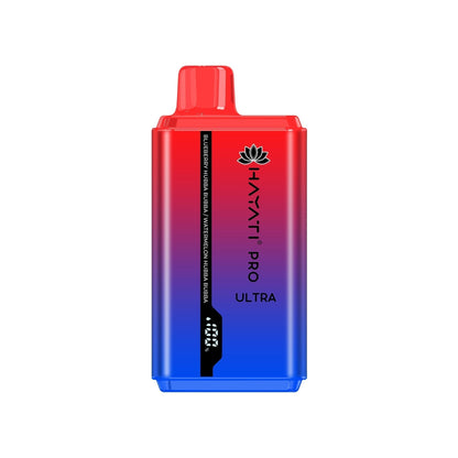 A disposable vape pod kit by Hayati Pro Ultra, a blend of cherry red and ocean blue colors, with elegant designs.