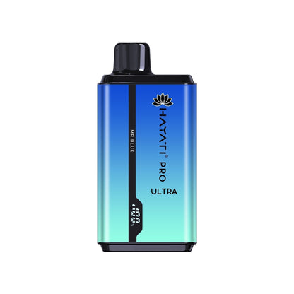 A disposable vape pod kit by Hayati Pro Ultra, a blend of ocean blue and cyan colors, with elegant designs.