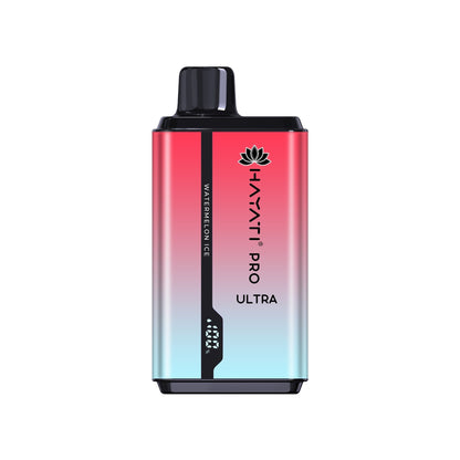 A disposable vape pod kit by Hayati Pro Ultra, a blend of faded white and pink colors, with elegant designs.