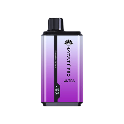 A disposable vape pod kit by Hayati Pro Ultra, a blend of faded white and shaded purple colors, with elegant designs.
