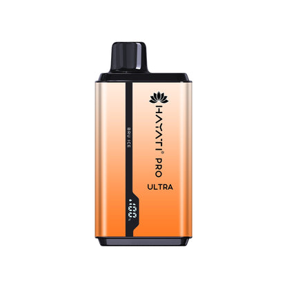 A disposable vape pod kit by Hayati Pro Ultra, a blend of orange and pink colors, with elegant designs.