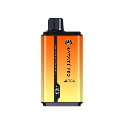 A disposable vape pod kit by Hayati Pro Ultra, a blend of orange and faded yellow colors, with elegant designs.