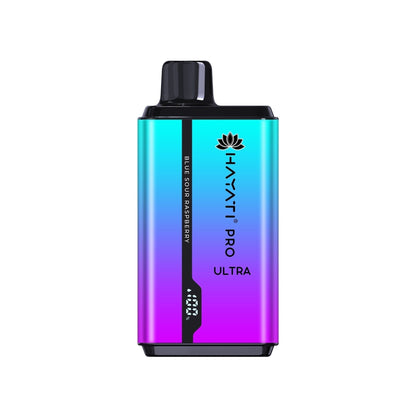 A disposable vape pod kits by Hayati Pro Ultra, blend of blue and purple colors, are designed for vaping.