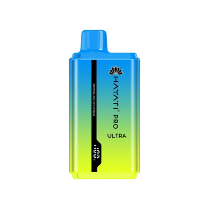 A disposable vape pod kit by Hayati Pro Ultra, a blend of magic blue and chartreuse colors, with elegant designs.