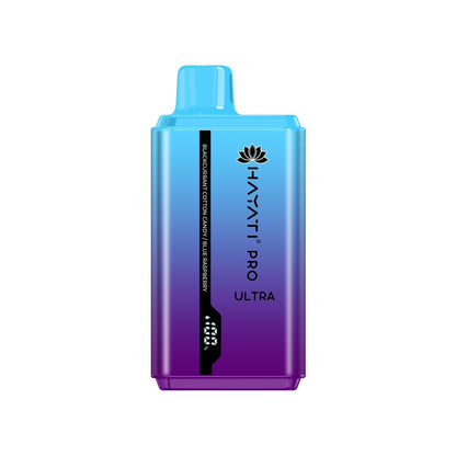 A disposable vape pod kit by Hayati Pro Ultra, a blend of faded blue and bold purple colors, with elegant designs.
