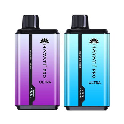 Two disposable vape pod kits by Hayati Pro Ultra, one in purple and one in blue, are designed for vaping.