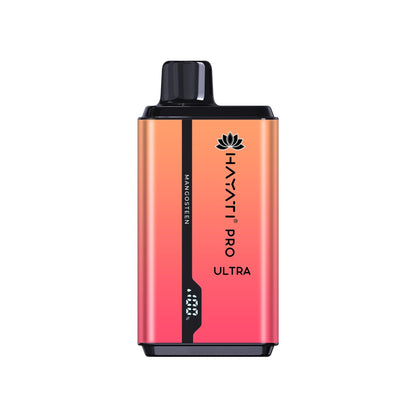 A disposable vape pod kit by Hayati Pro Ultra, a blend of faded pink and pink colors, with elegant designs.
