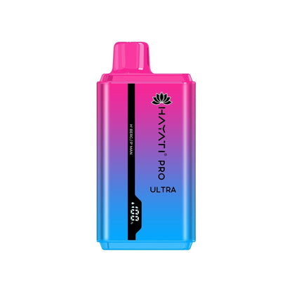 A disposable vape pod kit by Hayati Pro Ultra, a blend of strong pink and deep sea blue colors, with elegant designs.