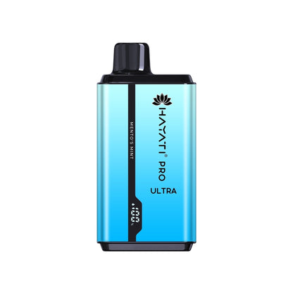 A disposable vape pod kit by Hayati Pro Ultra, a blend of sky blue and sea blue colors, with elegant designs.