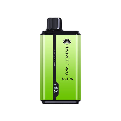 A disposable vape pod kit by Hayati Pro Ultra, a blend of green and light green colors, with elegant designs.