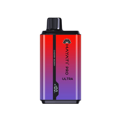 A disposable vape pod kit by Hayati Pro Ultra, a blend of red and blue colors, with elegant designs.