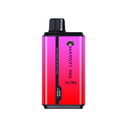 A disposable vape pod kit by Hayati Pro Ultra, a blend of bold red and ultra pink colors, with elegant designs.