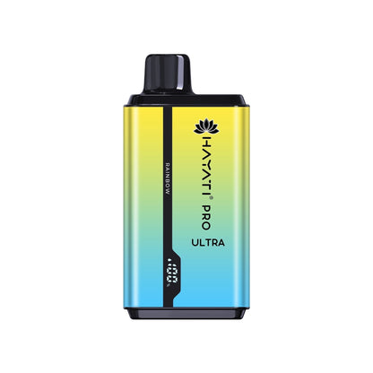 A disposable vape pod kit by Hayati Pro Ultra, a blend of faded yellow and sky blue colors, with elegant designs.