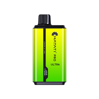 A disposable vape pod kit by Hayati Pro Ultra, a blend of yellow and green colors, with elegant designs.