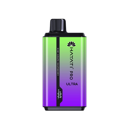 A disposable vape pod kit by Hayati Pro Ultra, a blend of light green and purple colors, with elegant designs.