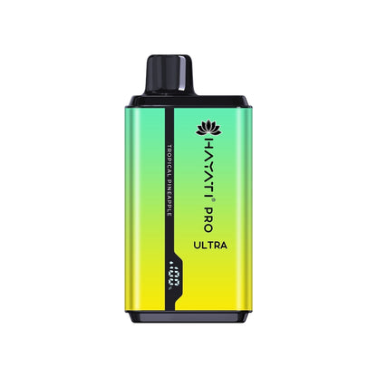 A disposable vape pod kit by Hayati Pro Ultra, a blend of cyan and sparkle yellow colors, with elegant designs.