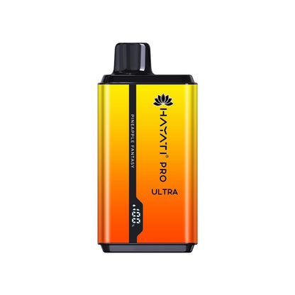 A disposable vape pod kit by Hayati Pro Ultra, a blend of yellow and orange colors, with elegant designs.