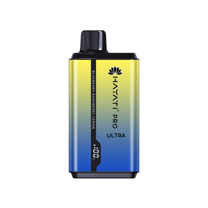 A disposable vape pod kits by Hayati Pro Ultra, blend of yellow and blue colors, with elegant designs.
