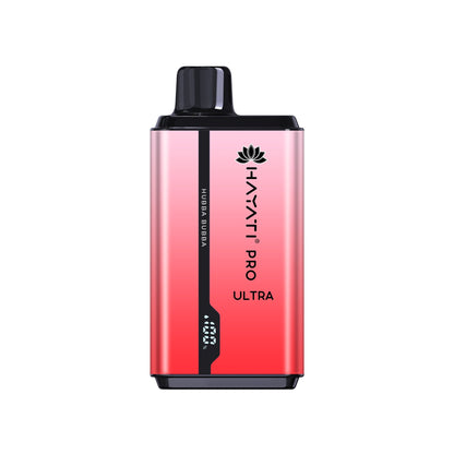 A disposable vape pod kit by Hayati Pro Ultra, a blend of magenta and pink colors, with elegant designs.