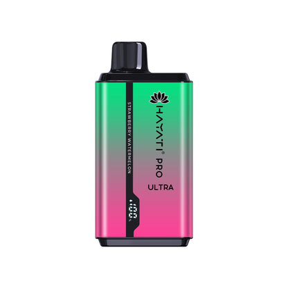 A disposable vape pod kit by Hayati Pro Ultra, a blend of cyan and pink colors, with elegant designs.