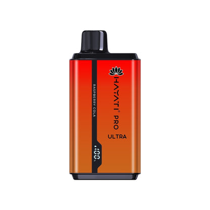 A disposable vape pod kit by Hayati Pro Ultra, a blend of bold red and shaded orange colors, with elegant designs.