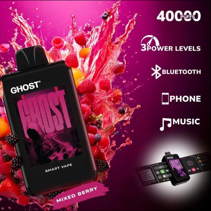 Ghost Smart Vape 40000 Puffs Disposable Vape UK, with  Pink colour and having Mixed Berry  Flavour.